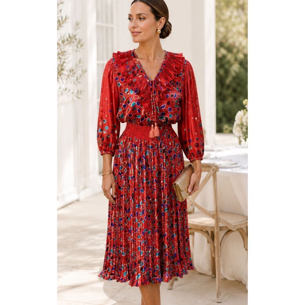 Vintage 80’s Diane Freis Original Ruffled Abstract Red Dress Puffed Sleeves